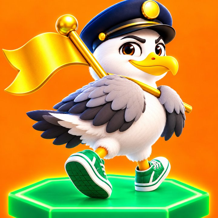 Captain Gull, the Walk&Own mascot, walking with a golden flag